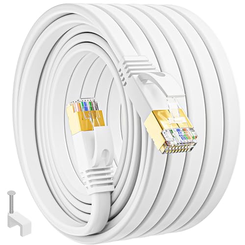 Ethernet Kabel 50m Cat 7 Flach Netzwerkkabel 50 Meter Weiß Hochgeschwindigkeits 10Gbit/s Wlan Kabel Gigabit Ethernet Kabel RJ45 Internetkabel Dünn Patchkabel für Switch Router Modem von MEIPEK