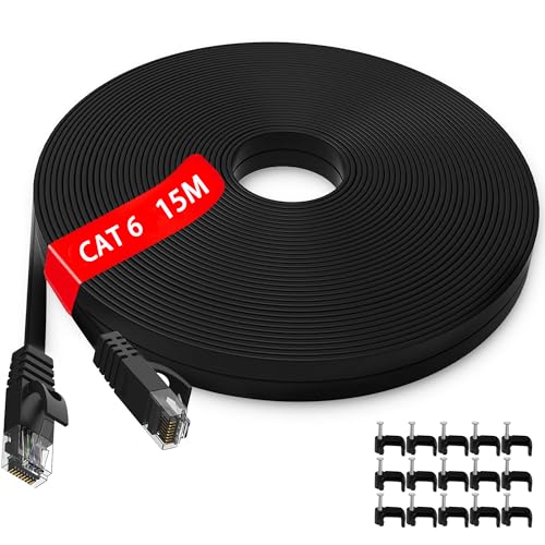 LAN Kabel 15 meter, Cat 6 Flach Netzwerkkabel 15m, Reines Kupferkern Ethernet Kabel Gigabit Hochgeschwindigkeit Internet Kabel, Cat 6 Verlegekabel 15m Lange RJ45 Patchkabel für Router Modem Switch von MEIPEK