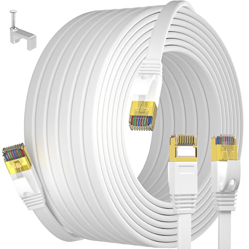 LAN Kabel 25 meter weiß, Cat 7 Flach Netzwerkkabel 25m, Hochgeschwindigkeits Ethernet Kabel 25 meter, RJ45 Internet Patchkabel Weiss für Router PS5 Xbox Switch Modem, schneller als cat6 & cat5 von MEIPEK