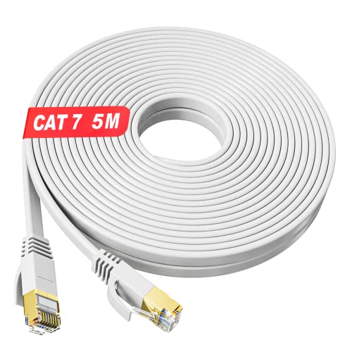 LAN Kabel 5 meter weiß, Cat 7 Flach Netzwerkkabel 5m, RJ45 Gigabit Hochgeschwindigkeits Ethernet Kabel, FTP Geschirmtes Internet Kabel, 600Mhz Breitband Patchkabel für Switch Router Modem Xbox PS5 von MEIPEK