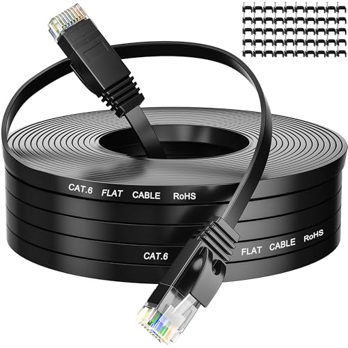 LAN Kabel 50 Meter Cat 6, Flach Wlan Kabel 50M, Netzwerkkabel High Speed Schwarz Ethernet Kabel, RJ45 Kabel Dünn Internetkabel, 1Gbps Patchkabel Gigabit Lankabelverlaengerung für Router Modem von MEIPEK
