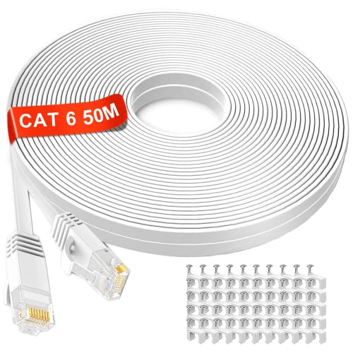 LAN Kabel 50 meter weiß, Flach Netzwerkkabel 50m, Hochgeschwindigkeits Ethernet Kabel 50 Meter, Cat6 extra lang Weiss RJ45 Internet Patchkabel für Router, Switch, Modem, schneller als cat5e von MEIPEK