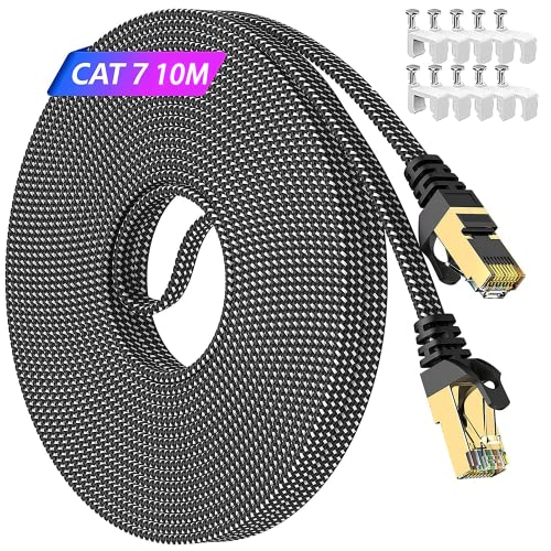 Lan Kabel 10 Meter Cat 7, Netzwerkkabel 10M Dünn Ethernet Kabel Flach Geflochten Wlan Kabel Gaming Internetkabel Gigabit 10000Mbps Patchkabel Rj45 Kabel für Router Modem von MEIPEK