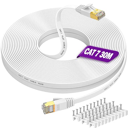 Lan Kabel 30 Meter Cat 7, Flach Wlan Kabel 30m Netzwerkkabel Dünn High Speed Weiß Ethernet Kabel Weiss RJ45 Kabel Internetkabel 10Gbps 600MHz Patchkabel Lankabelverlaengerung für Router Modem von MEIPEK