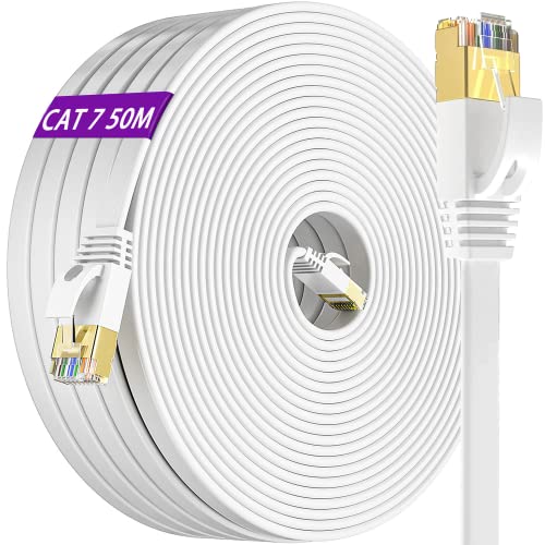 Lan Kabel 50 Meter, Cat 7 Flach Netzwerkkabel 50m Weiß Wlan Kabel High Speed Ethernet Kabel RJ45 Kabel Dünn Internetkabel 10Gbps 600MHz Patchkabel Gigabit Lankabelverlaengerung für Router Modem von MEIPEK