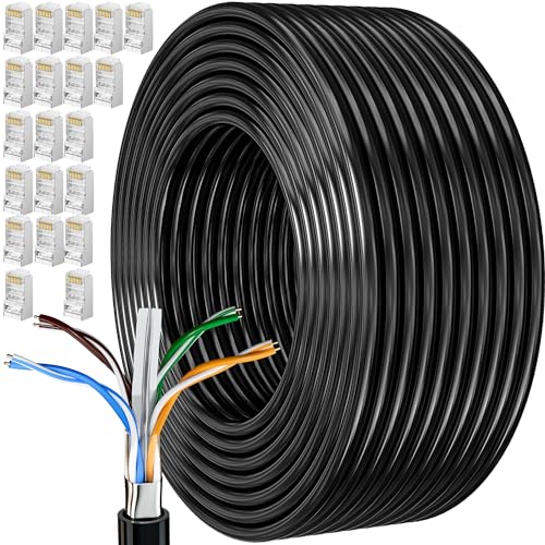 MEIPEK Cat 6 Netzwerkkabel 100m, Outdoor Lan Kabel Verlegekabel 100 Meter Schwarz Wlan Kabel Geschirmt Lange Ethernet Kabel Installationskabel Patchkabel CCA FTP 23AWG RJ45 Gigabit Internetkabel von MEIPEK