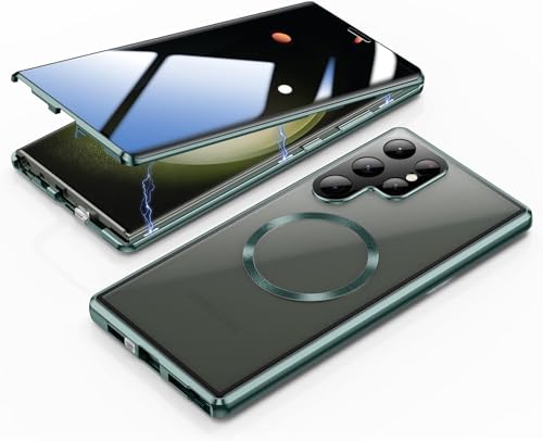 MEIQIBAO Hülle für Samsung Gala S23 Ultra 5G(6.8) Magnetische Adsorption Metall Stoßstange mit 360 Grad Schutz Ultra Dünn Transparent Gehärtetes Glas Unterstützt drahtloses Laden，Green von MEIQIBAO