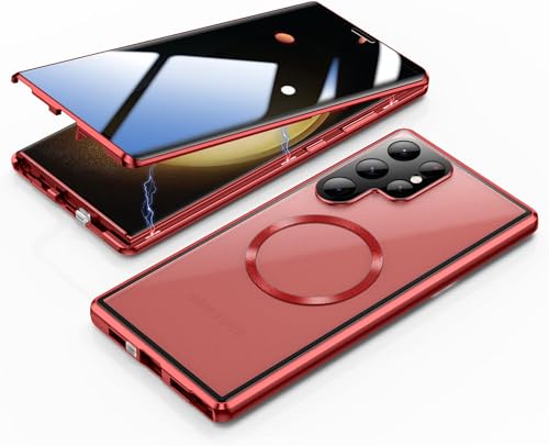 MEIQIBAO Hülle für Samsung Gala S23 Ultra 5G(6.8) Magnetische Adsorption Metall Stoßstange mit 360 Grad Schutz Ultra Dünn Transparent Gehärtetes Glas Unterstützt drahtloses Laden，red von MEIQIBAO