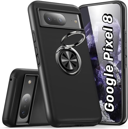 MEIQIBAO Kompatibel Google Pixel 8 Hülle mit Ringständer 360 Grad Drehbarer Ständer Handyhülle Hochwertiges SilikonAnti-Kollision und Anti-Vibration Schutzhülle,klassisch schwarz von MEIQIBAO