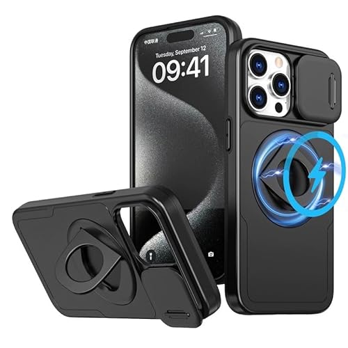 MEIQIBAO für iPhone 15 Magnetische Hülle(N52 Magnet) mit 360 Grad Drehung Ständer Cover Slide Cover Camera Protector Case Militärnorm stoßfeste Schutzhülle TPU Soft Edge+PC Rahmen Hard Shell schwarz von MEIQIBAO