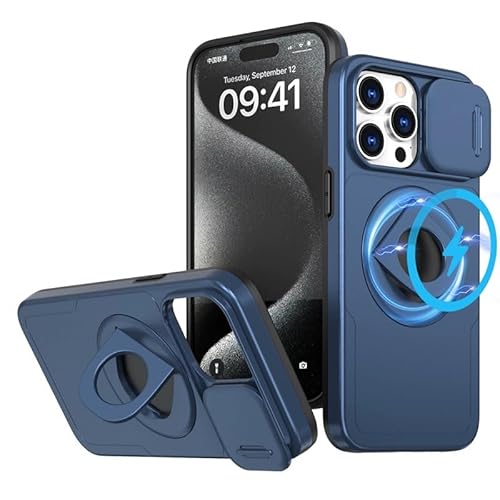 MEIQIBAO für iPhone 15 Pro Magnetische Hülle(N52 Magnet) mit 360 Grad Drehung Ständer Cover Slide Cover Camera Protector Case Militärnorm stoßfeste Schutzhülle TPU Soft Edge+PC Rahmen Hard Shell blau von MEIQIBAO