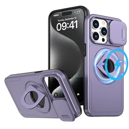 MEIQIBAO für iPhone 15 Pro max Magnetische Hülle(N52 Magnet) mit 360° Drehung Ständer Cover Slide Cover Camera Protector Case Militärnorm stoßfeste Schutzhülle TPU Soft Edge+PC Rahmen Hard Shell lila von MEIQIBAO