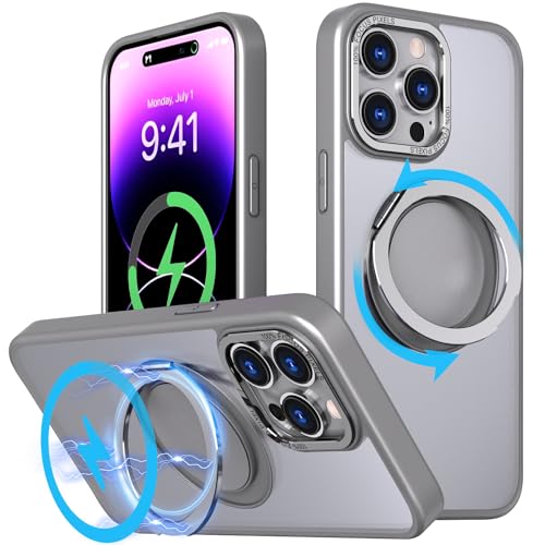 MEIQIBAO für iPhone 15 pro max Hülle mit Magnetische Hülle(N52 Magnet) 360 Grad-Drehung Ständer(mit Dämpfungsrhythmus) Militärnorm stoßfeste Schutzhülle PTU-Rahmen Schutz Matte Rückseite,Titangrau von MEIQIBAO