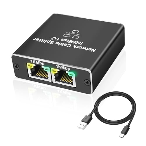 MEIRIYFA Ethernet Splitter 1 auf 2 High Speed 1000Mbps, Gigabit RJ45 Ethernet LAN Splitter 1 auf 2 Adapter mit USB C Stromkabel für Cat5/5e/6/7/8 Kabel von MEIRIYFA