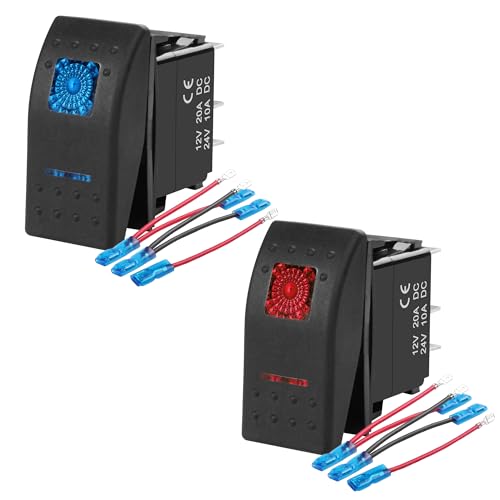 MEIRIYFA LED Wippschalter ON-Off DC 12V/20A 24V/10A 5Pin SPST Rot Blau LED Licht Wippschalter Mit Jumper Wires für Autos LKW Caravans Yacht Boote RV SUV (2PCS) von MEIRIYFA