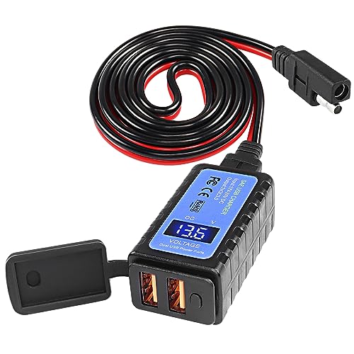 MEIRIYFA Motorrad USB Telefon Ladegerät, SAE zu Dual USB Telefon Tablet GPS Ladegerät Adapter 3A Schnellladegerät mit Dual USB QC3.0, Voltmeter, EIN/Aus Schalter Wasserdichtes Motorrad Zubehör von MEIRIYFA