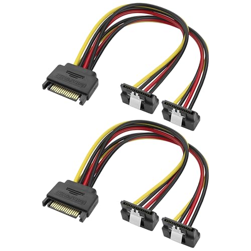MEIRIYFA SATA 15Pin Power Y Splitter Kabel, SATA 15 Pin Stecker auf Dual Buchse Rechter Winkel Adapter Netzteil 18AWG für Festplatten Disks, SATA, HDD, SSD (2Pack, 20CM) von MEIRIYFA