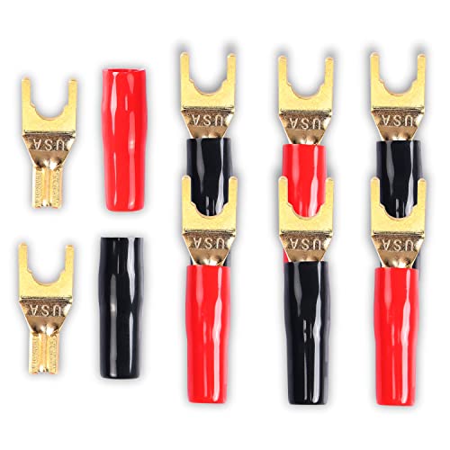 Y-Stecker-Flachstecker für Lautsprecherkabel, MEIRIYFA 8 Stück Y Flachstecker 45 Grad vergoldet U Gabel Spaten Stecker Anschluss (rot und schwarz) von MEIRIYFA