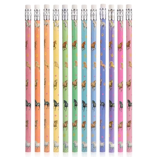 MEJOSER 12 Stück Bleistifte Pferde Mädchen Geschenk Pferd Bleistift mit Radiegummi Kindergeburtstag Party Mitgebsel Einschulung Geschenke Schultüte Füllung Mädchen Junge Geburtstag (Pferde) von MEJOSER