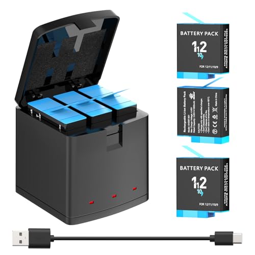 melasta Dreifach-Ladegerät und 3 Stück wiederausfbaren Lithium-Ionen Akku für GoPro Hero 12 Hero 11/10/9, Akku-Speicherbox mit 3 Kanälen Ladegerät(Ladegerät + 3 Akkus) von MELASTA