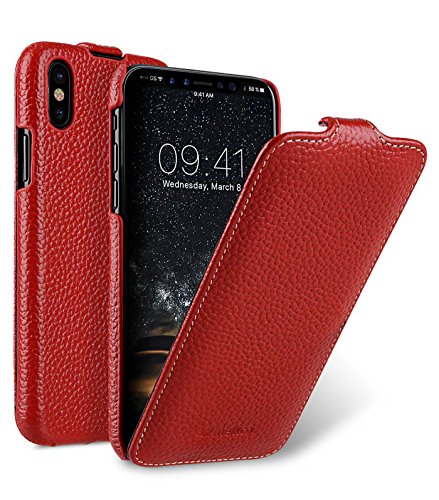 Edle Tasche für Apple iPhone XS und iPhone X / Case Außenseite aus beschichtetem Leder / Schutz-Hülle aufklappbar / Flip-Case / Etui / ultra-slim / Cover Innenseite aus Textil / Rot von MELCKO