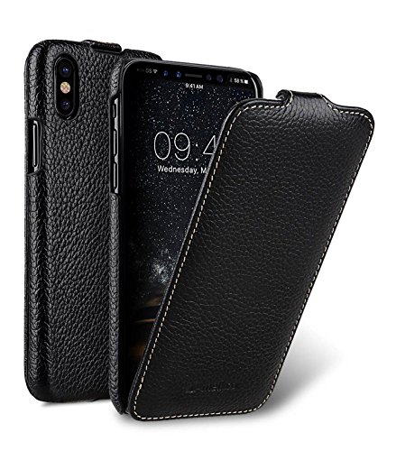 Edle Tasche für Apple iPhone XS und iPhone X / Case Außenseite aus beschichtetem Leder / Schutz-Hülle aufklappbar / Flip-Case / Etui / ultra-slim / Cover Innenseite aus Textil / Schwarz von MELCKO