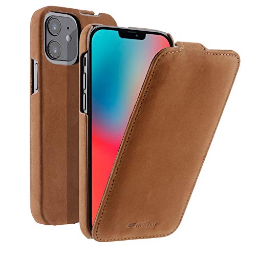 MELCKO Hülle passend für Apple iPhone 12 Mini (5,4 Zoll), Handyhülle mit echtem Leder, Flip-Case, Schutzhülle klappbar, dünne Handy-Tasche, Slim Cover, Vintage Braun von MELCKO