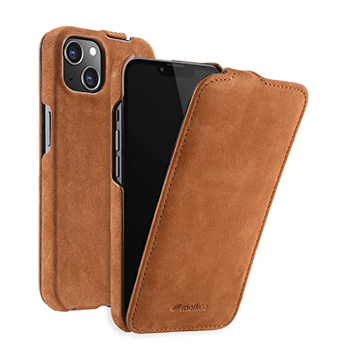 MELCKO Hülle passend für Apple iPhone 13 (6,1 Zoll), Handyhülle mit echtem Leder, Flip-Case, Schutzhülle klappbar, dünne Handy-Tasche, Slim Cover, Vintage Braun von MELCKO