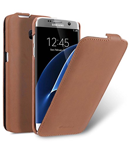 MELCKO Tasche passend für Samsung Galaxy S7 Edge (5.5 Zoll), SM-G935, Case Außenseite aus Echt-Leder, Cover Innenseite aus Textil, Schutz-Hülle klappbar, Ultra-Slim Flip-Case, Vintage Look, Braun von MELCKO