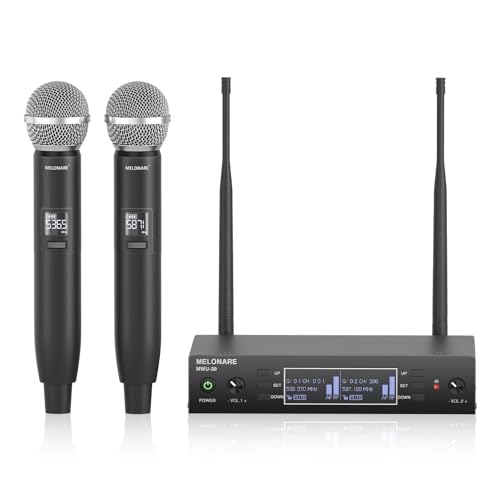 Dual Channel Wireless Microphone System, MELONARE Auto-Scan Professionelles schnurloses dynamisches Mikrofon-Set, 100.0 m Reichweite, 2x100 UHF Metall Wireless Mic für Singen, Karaoke, Kirche, von MELONARE