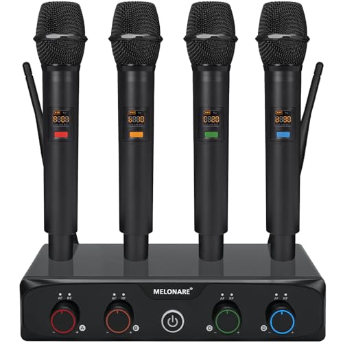 MELONARE 4-K Wireless Microphone System, UHF Compact Cordless Mic Set w/ 4x10 Frequencies, 61.0 m Range, Dynamic Handheld Microphone for Singing, Karaoke, Church, DJ, Wedding (MWM-41-4H) von MELONARE