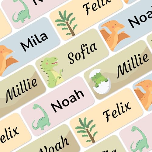 Namensaufkleber für Kinder (180 Stück) - Wasserfeste Namensschilder für Kleidung und Gegenstände, Personalisierte Textiletiketten selbstklebend für Kita & Schule - Dinosaurier von MELU Kids