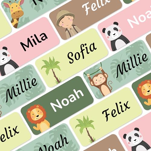 Namensaufkleber für Kinder (180 Stück) - Wasserfeste Namensschilder für Kleidung und Gegenstände, Personalisierte Textiletiketten selbstklebend für Kita & Schule - Dschungel von MELU Kids