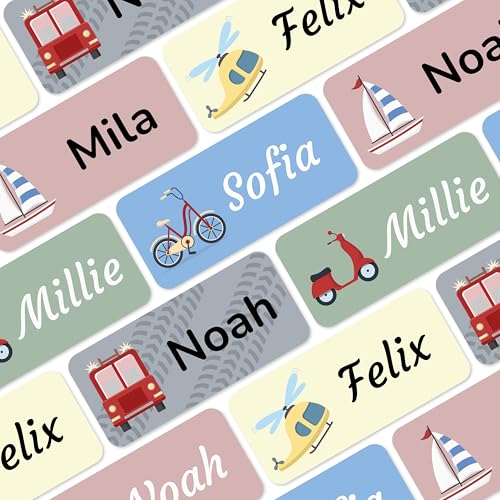 Namensaufkleber für Kinder (180 Stück) - Wasserfeste Namensschilder für Kleidung und Gegenstände, Personalisierte Textiletiketten selbstklebend für Kita & Schule - Fahrzeuge von MELU Kids
