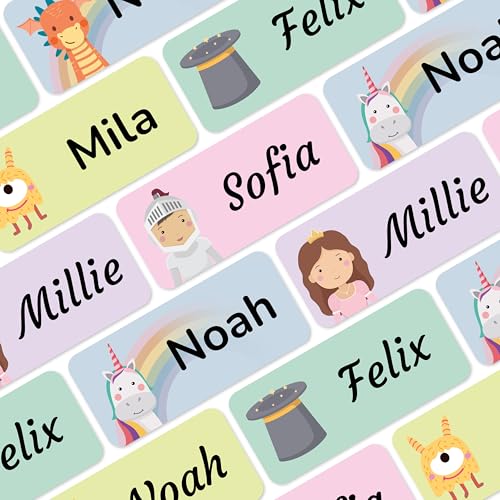 Namensaufkleber für Kinder (180 Stück) - Wasserfeste Namensschilder für Kleidung und Gegenstände, Personalisierte Textiletiketten selbstklebend für Kita & Schule - Fantasie von MELU Kids