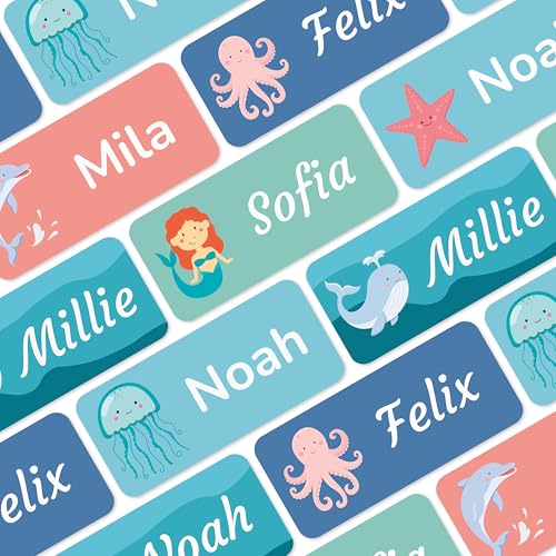 Namensaufkleber für Kinder (180 Stück) - Wasserfeste Namensschilder für Kleidung und Gegenstände, Personalisierte Textiletiketten selbstklebend für Kita & Schule - Meer von MELU Kids