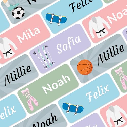 Namensaufkleber für Kinder (180 Stück) - Wasserfeste Namensschilder für Kleidung und Gegenstände, Personalisierte Textiletiketten selbstklebend für Kita & Schule - Sport von MELU Kids