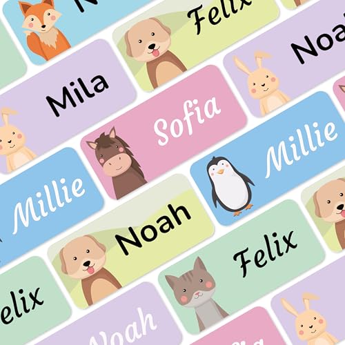 Namensaufkleber für Kinder (180 Stück) - Wasserfeste Namensschilder für Kleidung und Gegenstände, Personalisierte Textiletiketten selbstklebend für Kita & Schule - Tiere von MELU Kids