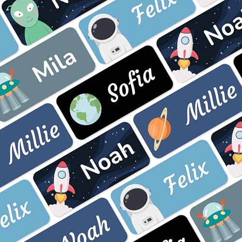 Namensaufkleber für Kinder (180 Stück) - Wasserfeste Namensschilder für Kleidung und Gegenstände, Personalisierte Textiletiketten selbstklebend für Kita & Schule - Weltraum von MELU Kids