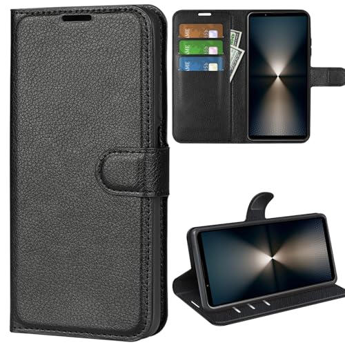 MEMELOKA Handyhülle für Sony Xperia 1 VI, Internes TPU Stoßfest und Premium PU Flip Wallet Schutzhülle Sony Xperia 1 VI mit Kartenfächer[Magnetverschluss][Standfunktion] - Schwarz von MEMELOKA