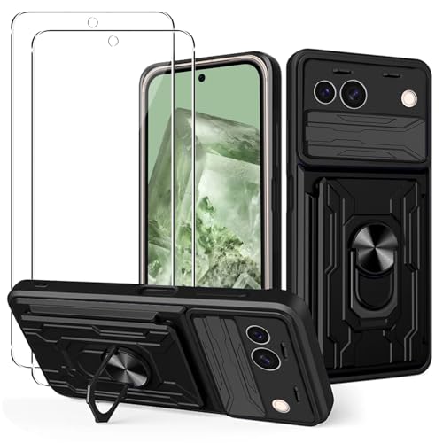 MEMELOKA Hülle für Google Pixel 8A + 2 Stück Schutzfolie, Hart PC Gehäuse und TPU Stoßfeste Bumper Handyhülle[Kamera Schiebeabdeckung][Drehbarer Ständer][Kartenfach Slot], Schwarz von MEMELOKA