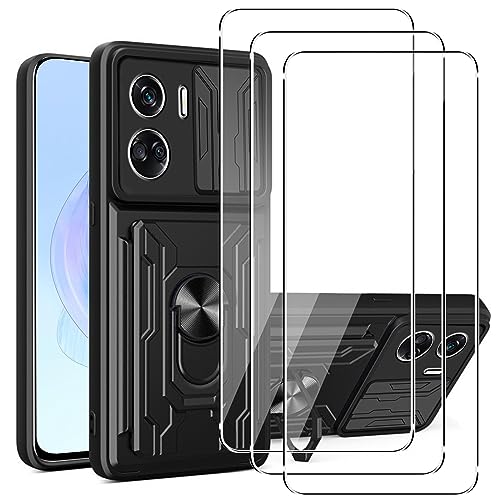 MEMELOKA Hülle für Honor 90 Lite + 3 Stück Schutzfolie, Hart PC Gehäuse und TPU Stoßfeste Bumper Handyhülle[Kamera Schiebeabdeckung][Drehbarer Ständer][Kartenfach Slot] - Schwarz von MEMELOKA