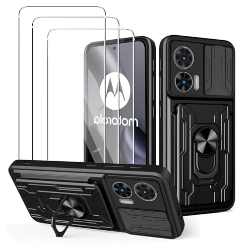 MEMELOKA Hülle für Motorola Moto Edge 30 Neo + 3 Stück Schutzfolie, Hart PC Gehäuse und TPU Stoßfeste Bumper Handyhülle[Kamera Schiebeabdeckung][Drehbarer Ständer][Kartenfach Slot], Schwarz von MEMELOKA