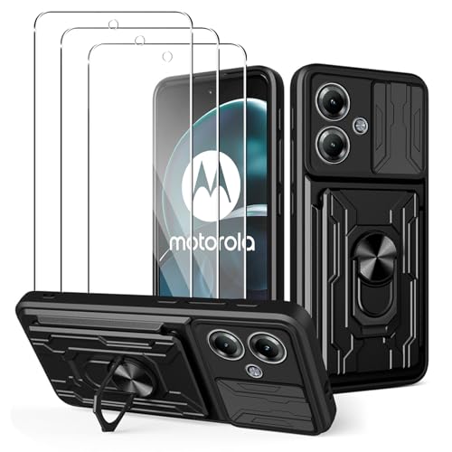 MEMELOKA Hülle für Motorola Moto G14 + 3 Stück Schutzfolie, Hart PC Gehäuse und TPU Stoßfeste Bumper Handyhülle[Kamera Schiebeabdeckung][Drehbarer Ständer][Kartenfach Slot], Schwarz von MEMELOKA