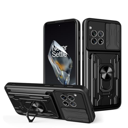 MEMELOKA Hülle für OnePlus 12, Hart PC Gehäuse und TPU Stoßfeste Bumper Handyhülle[Kamera Schiebeabdeckung][Drehbarer Ständer][Kartenfach Slot] - Schwarz von MEMELOKA