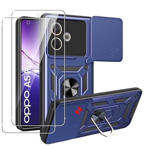 MEMELOKA Hülle für Oppo A5 Pro 5G/4G mit Schutzfolie [2 Stück], Kratzfest Militär Schutzhülle + 360° Drehbarer Ständer, TPU Stoßfeste Bumper Handyhülle mit Kamera Schiebeabdeckung, Blau von MEMELOKA