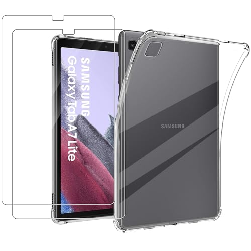 MEMELOKA Hülle für Samsung Galaxy Tab A7 Lite 8.7 Zoll mit 2 Stück Schutzfolie, Weiche Stoßfeste Anti-Gelbfärbung Silikon Schutzhülle mit Verstärkten Airbags - (Transparent) von MEMELOKA