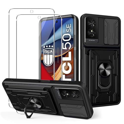 MEMELOKA Hülle für TCL 50 SE/TCL 50SE + 2 Stück Schutzfolie, Hart PC Gehäuse und TPU Stoßfeste Bumper Handyhülle[Kamera Schiebeabdeckung][Drehbarer Ständer][Kartenfach Slot], Schwarz von MEMELOKA