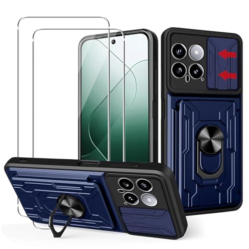 MEMELOKA Hülle für Xiaomi 14 + 2 Stück Schutzfolie, Hart PC Gehäuse und TPU Stoßfeste Bumper Handyhülle[Kamera Schiebeabdeckung][Drehbarer Ständer][Kartenfach Slot], Blau von MEMELOKA