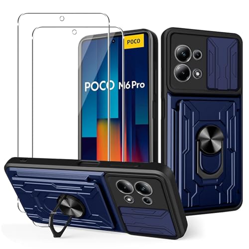 MEMELOKA Hülle für Xiaomi Poco M6 PRO 4G/Redmi Note 13 Pro 4G + Schutzfolie, Hart PC Gehäuse und TPU Stoßfeste Bumper Handyhülle[Kamera Schiebeabdeckung][Drehbarer Ständer][Kartenfach Slot], Blau von MEMELOKA